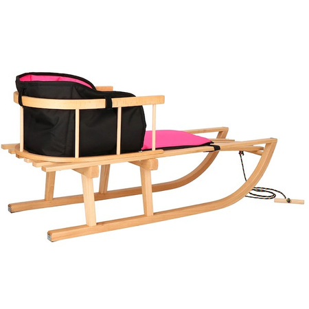 Sanki dla dzieci drewniane z oparciem i różowo-czarnym materacykiem