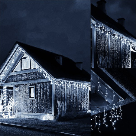Kurtyna świetlna 750 led girlanda, lampki zewnętrzne sople zimny biały + flash