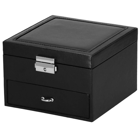 Kufer, szkatułka na biżuterię ekoskóra 16x16x11 cm czarny z szufladą i lusterkiem