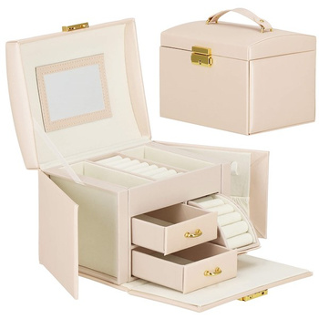 Kufer, szkatułka na biżuterię ekoskóra 17,5x12x13,5 cm jasny różowy z przegródkami