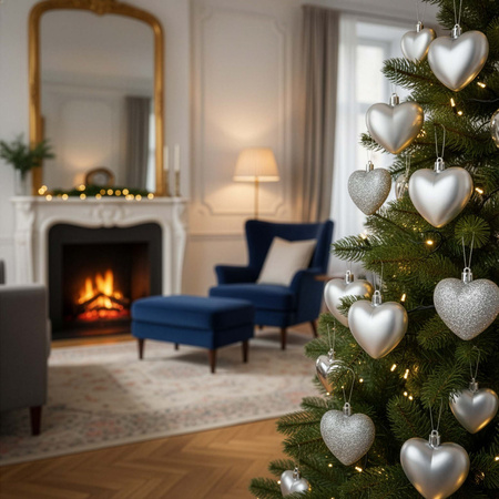 Bombki choinkowe 16 szt. komplet dekoracje świąteczne, nietłukące serca, srebrne