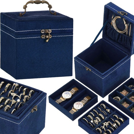 Kufer, szkatułka na biżuterię 12x12x12 cm granatowy z przegródkami welurowy