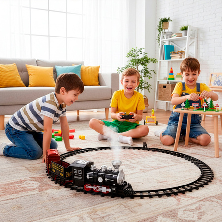 Pociąg parowy z wagonami, pilot do sterowania, tory, zabawka dla dzieci, lokomotywa z mgiełką, dźwiękiem