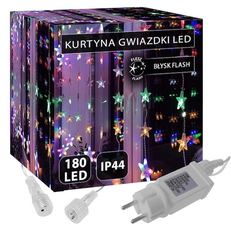 Kurtyna świetlna 180 led girlanda gwiazdki, lampki wewnętrzno-zewnętrzne sople multikolor + zimny biały flash