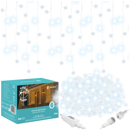 Kurtyna świetlna 300 led girlanda, lampki wewnętrzno-zewnętrzne 15,5 m sople biały zimny + flash
