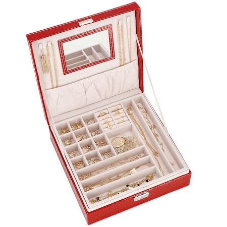 Kufer, szkatułka na biżuterię ekoskóra 26x26x8,5 cm czerwony z przegródkami