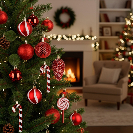 Bombki choinkowe 40 szt. okrągłe, lizaki, szyszki, laski cukrowe nietłukące ozdoby czerwone