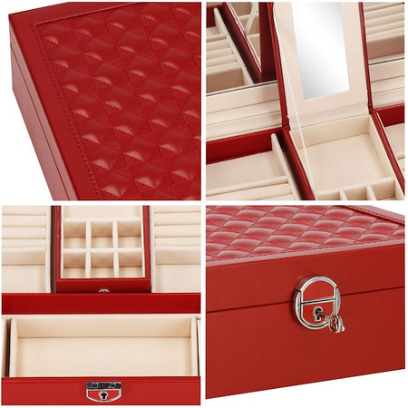 Kufer, szkatułka na biżuterię ekoskóra 25x25x8,5 cm bordowy z przegródkami