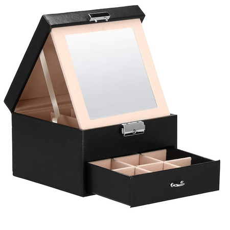 Kufer, szkatułka na biżuterię ekoskóra 16x16x11 cm czarny z szufladą i lusterkiem