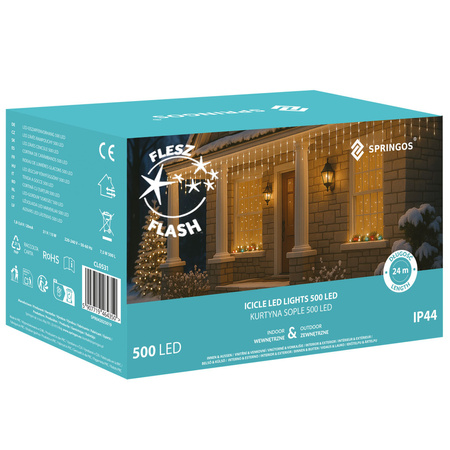 Kurtyna świetlna 500 led girlanda, lampki wewnętrzno-zewnętrzne 24 m sople biały ciepły + flash