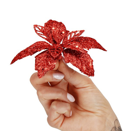 Gwiazda betlejemska, sztuczny kwiat poinsecja 13 cm czerwony z brokatem