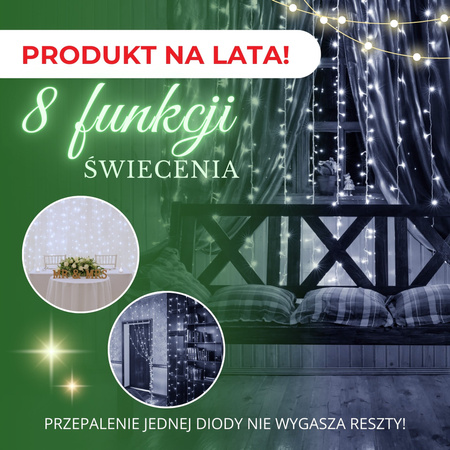 Kurtyna świetlna z pilotem 306 led girlanda, lampki wewnętrzno-zewnętrzne sople zimny biały