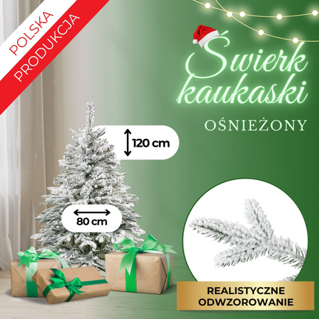Choinka sztuczna świerk kaukaski ośnieżony 120 cm jak żywy, nowoczesny, ze stojakiem