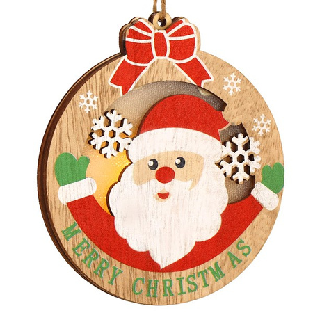 Zawieszka choinkowa mikołaj świecąca ozdoba świąteczna drewniana na baterię