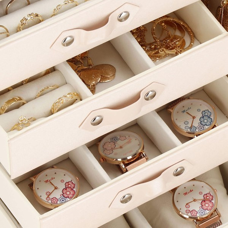 Kuferrek, Szkatułka na biżuterię ekoskóra 26x22x18 cm różowy z szufladami