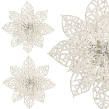 Gwiazda betlejemska 2 szt. sztuczny kwiat, poinsecja ażurowa, biała z brokatem na klipsie