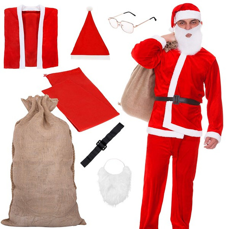 Strój świętego Mikołaja 7 elementowy z workiem jutowym czerwony kostium