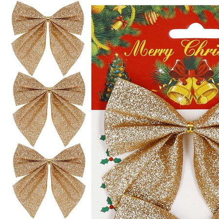 Kokardka świąteczna na choinkę 3 szt. brokatowa zawieszka choinkowa złota