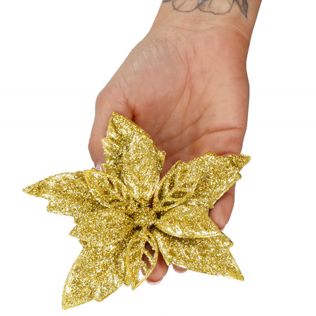 Gwiazda betlejemska, sztuczny kwiat poinsecja 12 cm złoty z brokatem