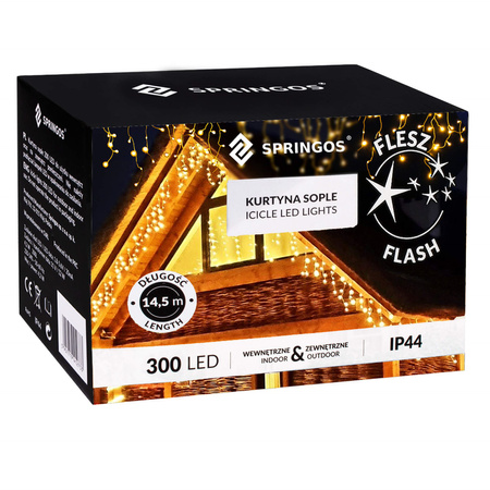 Kurtyna świetlna 300 led girlanda, lampki zewnętrzne sople ciepły biały + flash