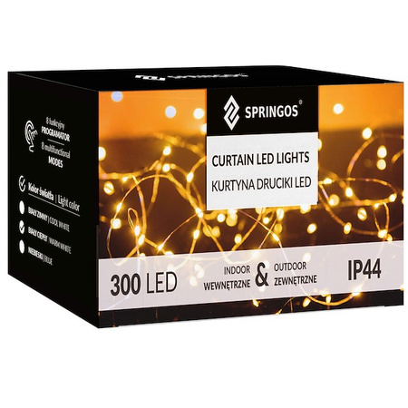 Kurtyna świetlna 300 led girlanda, lampki wewnętrzno-zewnętrzne sople biały ciepły + flash