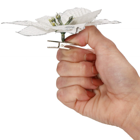 Gwiazda betlejemska 2 szt. sztuczny kwiat poinsecja srebrna z brokatem, na klipsie