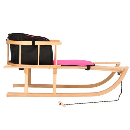 Sanki dla dzieci drewniane z oparciem i różowo-czarnym materacykiem