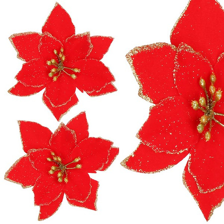Gwiazda betlejemska, sztuczny kwiat poinsecja czerwona z brokatem, na klipsie