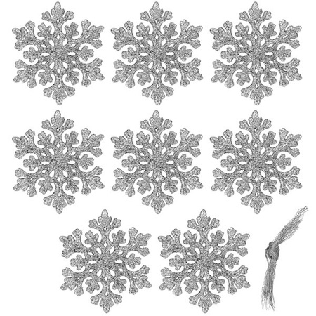 Ozdoba choinkowa 8cm, świąteczna srebrny brokat, zawieszka śnieżynki zestaw 8 szt