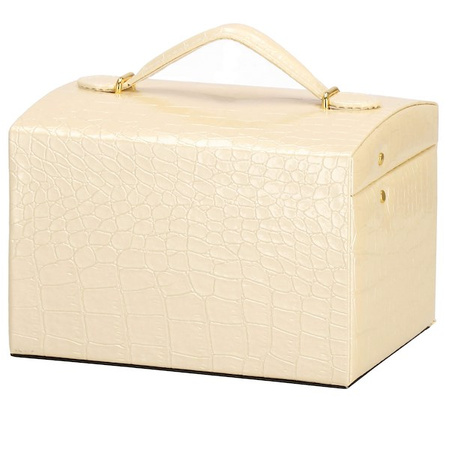 Kuferek, szkatułka na biżuterię 17,5x14x12,5 cm ecru z szufladami i lusterkiem