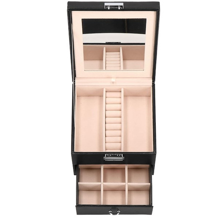 Kufer, szkatułka na biżuterię ekoskóra 16x16x11 cm czarny z szufladą i lusterkiem