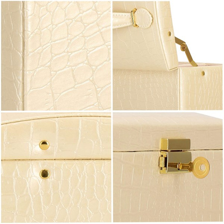 Kuferek, szkatułka na biżuterię 17,5x14x12,5 cm ecru z szufladami i lusterkiem