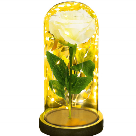 Wieczna róża w szklanym kloszu 21 cm świecąca dekoracja LED sztuczny kwiat biały