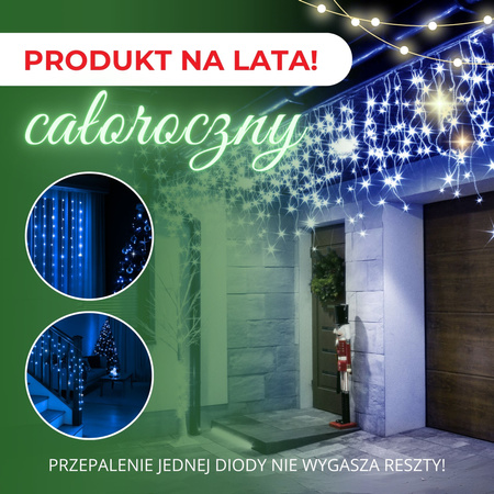 Kurtyna świetlna 300 led girlanda, lampki wewnętrzno-zewnętrzne 14,5 m sople niebieski z zimnym białym flash