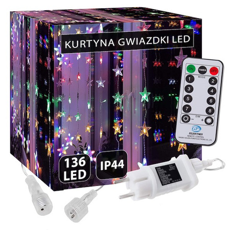 Kurtyna świetlna z pilotem 136 led girlanda gwiazdki, lampki wewnętrzno-zewnętrzne sople multikolor