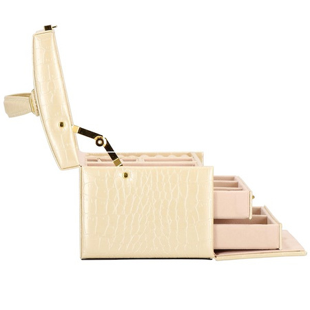 Kuferek, szkatułka na biżuterię 17,5x14x12,5 cm ecru z szufladami i lusterkiem