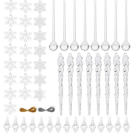 Zawieszka choinkowa 53 szt. akrylowa, świąteczna zawieszka sopel, śnieżynka, łezka przezroczysty