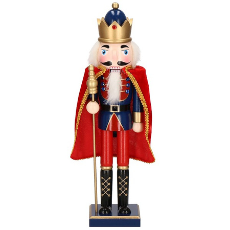 Dziadek do orzechów 38 cm z berłem, drewniany żołnierzyk niebiesko-czerwony, figurka świąteczna