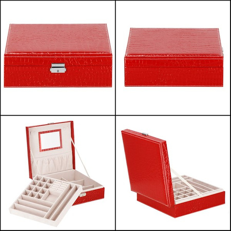 Kufer, szkatułka na biżuterię ekoskóra 26x26x8,5 cm czerwony z przegródkami