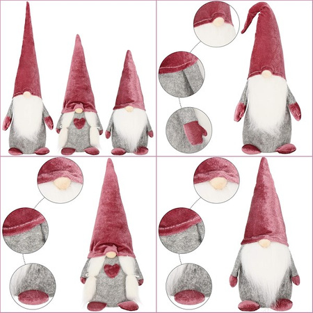 Skrzaty 3 szt. ozdoba świąteczna, krasnal świąteczny, gnom welurowy brudny róż