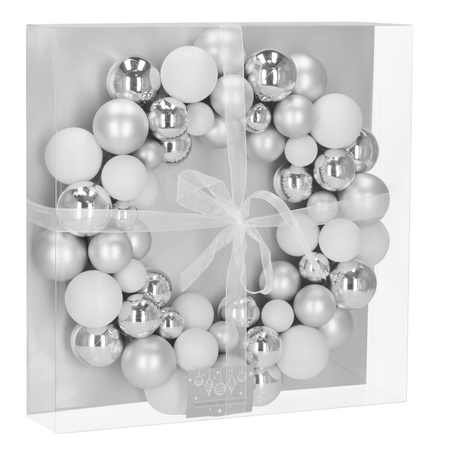 Wianek świąteczny z bombek, dekoracyjny wieniec na drzwi 34 cm stroik srebrny