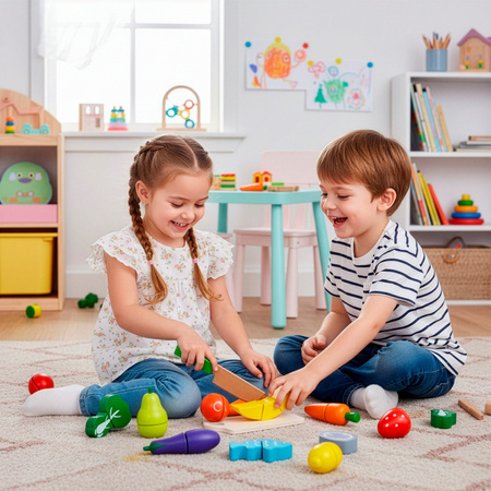 Drewniany zestaw: deska z nożykiem do krojenia, owoce, warzywa na rzepy 13 el. dla dzieci, kolorowe