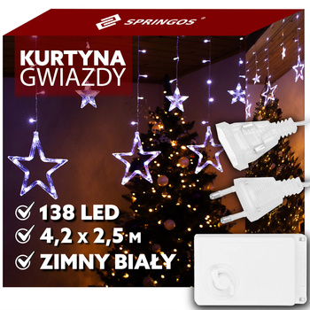 Kurtyna świetlna 138 Led girlanda gwiazdki, lampki wewnętrzne sople zimny biały