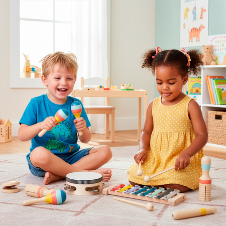 Instrumenty grające, drewniane 8 szt. zabawki muzyczne dla dzieci: cymbałki, bębenek, marakasy