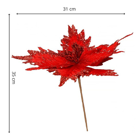 Gwiazda betlejemska, sztuczny kwiat na klipsie poinsecja czerwona z brokatem