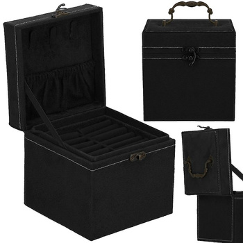 Kuferek, szkatułka na biżuterię 12x12x12 cm czarny z przegródkami welurowy