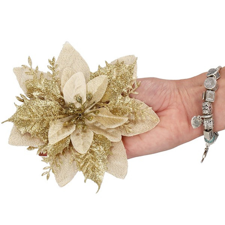 Gwiazda betlejemska, sztuczny kwiat, poinsecja kremowo-złota z brokatem na klipsie