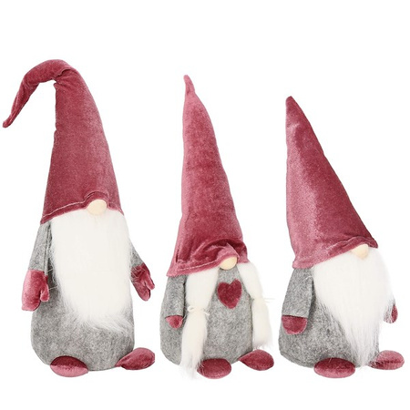Skrzaty 3 szt. ozdoba świąteczna, krasnal świąteczny, gnom welurowy brudny róż