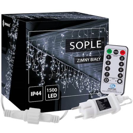 Kurtyna świetlna z pilotem 1500 led girlanda, lampki wewnętrzno-zewnętrzne sople zimny biały