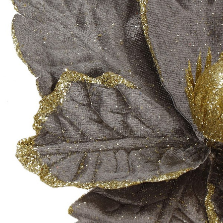 Gwiazda betlejemska, sztuczny kwiat na klipsie poinsecja szaro-złota z brokatem